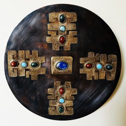 PLATO COBRE, APLICACIÓN BRONCE Y LAPISLÁZULI, MALAQUITA, TURQUESA Y JASPE