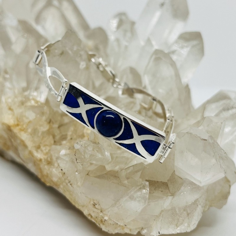 Pulsera Esclava con Diseño Ondas y Cabuchón Circular en Lapislázuli