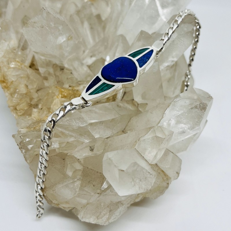 Pulsera Esclava con Diseño en Lapislázuli y Malaquita Cabuchón central Corazón en Lapislázuli