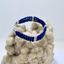 Pulsera 3 Tiras en Bolitas Lapislázuli y Aplicaciones en Plata Fina