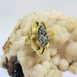 Anillo Ajustable Flor en Bronce y Pirita