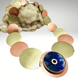 Collar Discos en Cobre y Bronce con Colgante Disco Aplicación Lapislázuli