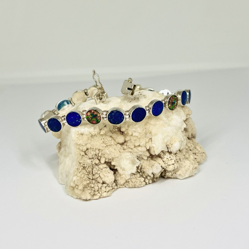 Pulsera Gozne en Plata con Círculos en Lapislázuli y Ópalo