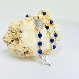 Pulsera Denario en Plata, Bolitas de Lapislázuli, Cruz y Medalla Virgen Medjugorie en Plata Fina