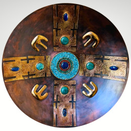 Plato Mural Diaguita en Cobre 43 cm Aplicación Bronce y Piedras